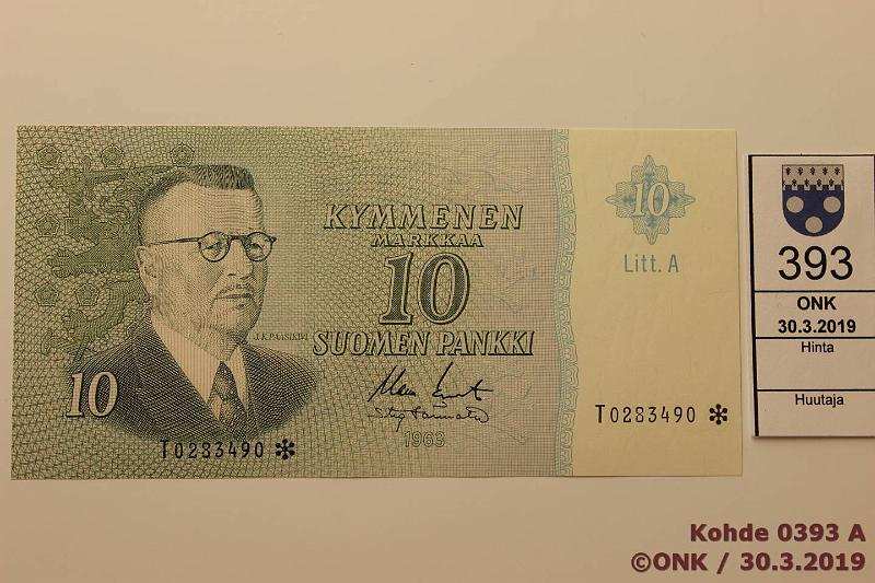 k-0393-a.jpg - Kohde 393, lhthinta: 25 € / myyntihinta: 33 € 10 mk 1963 LA T* SNY 146.7, T0283490* KO II-Tr, laskurin jlki, korvaava, kunto: 9