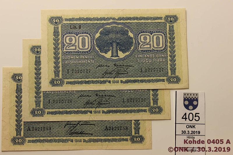 k-0405-a.jpg - Kohde 405, lhthinta: 25 € / myyntihinta: 28 € 20 mk 1945  LB  (3) SNY 145.1, A..RAI-Wah, I..KEK-AAs (2 perkk.), kunto: 8-9