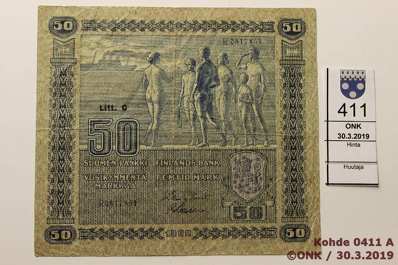 k-0411-a.jpg - Kohde 411 (kuva 1/2), lhthinta: 400 € / ei tarjouksia 50 mk 1922 LC SNY 167.4, R0817851 HEU-Wah, Vaasassa painettu. Pieni keskireik, 3mm rep oikeassa reunassa, kunto: 3