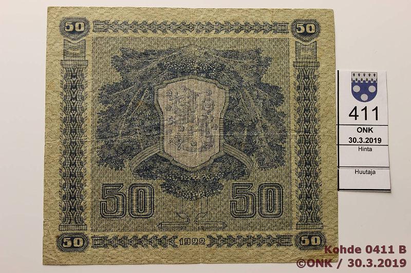 k-0411-b.jpg - Kohde 411 (kuva 2/2), lhthinta: 400 € / ei tarjouksia 50 mk 1922 LC SNY 167.4, R0817851 HEU-Wah, Vaasassa painettu. Pieni keskireik, 3mm rep oikeassa reunassa, kunto: 3