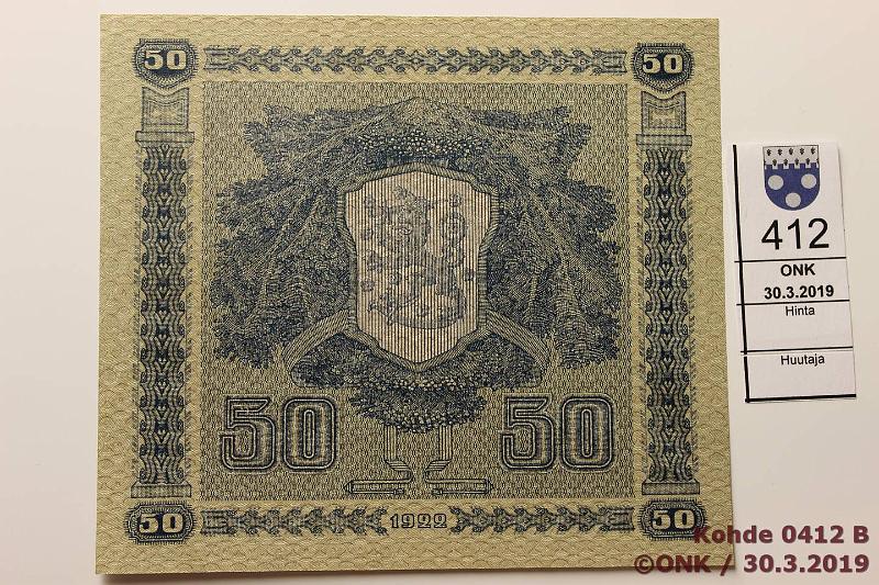 k-0412-b.jpg - Kohde 412 (kuva 2/2), lhthinta: 100 € / myyntihinta: 110 € 50 mk 1922 LC SNY 167.4, C0238354 BUR-Kiv (harv ak-pari: v) (ex-Ekman 1/12 n:o 802), kunto: 6