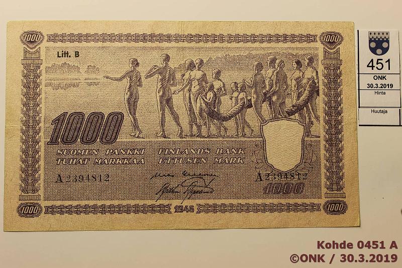 k-0451-a.jpg - Kohde 451, lhthinta: 50 € / myyntihinta: 54 € 1000 mk 1945 LB SNY 199.3, A2394812 KEK-AAs, takana tahraa, pehme, sil?, kunto: 4