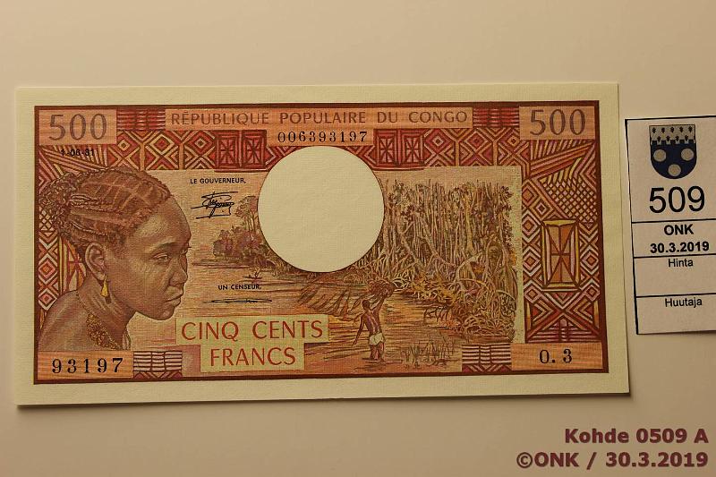 k-0509-a.jpg - Kohde 509, lhthinta: 25 € / myyntihinta: 25 € Kongo 500 francs 1981 P#2d Rep. Populaire du Congo. Nurkassa kaksi painumaa, kunto: 9