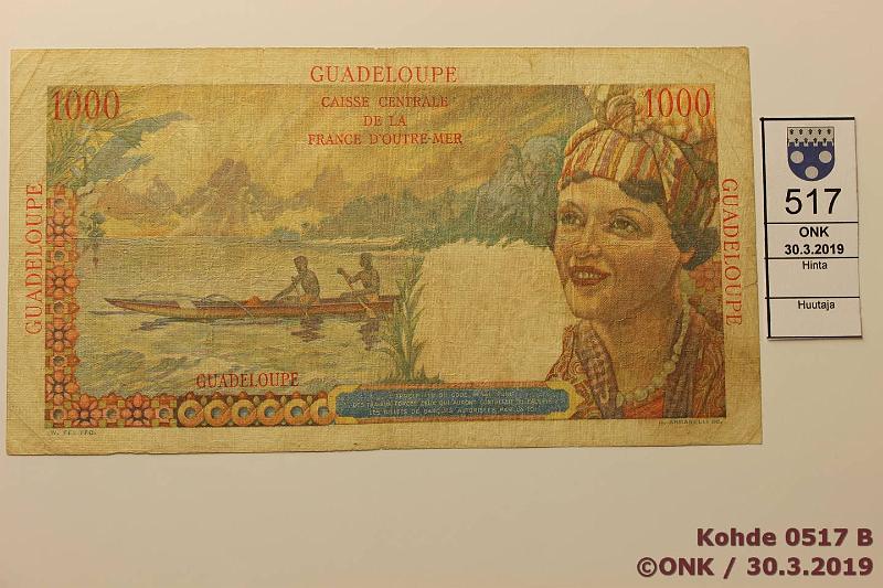 k-0517-b.jpg - Kohde 517 (kuva 2/2), lhthinta: 145 € / ei tarjouksia Guadeloupe 1000 francs ND P#37a Prep, pehmentynyt ja nuhruinen paperi, kunto: 4