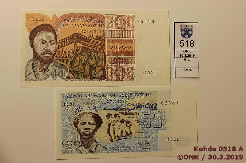 k-0518-a.jpg - Kohde 518, lhthinta: 65 € / ei tarjouksia Guinea-Bissau 50+100 pesos 1975 P#1, 2 24.9.1975, kunto: 9