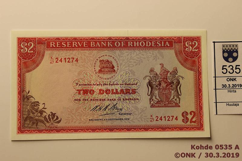 k-0535-a.jpg - Kohde 535, lhthinta: 65 € / myyntihinta: 65 € Rhodesia 2 $ 1970 P#31c, kunto: 9