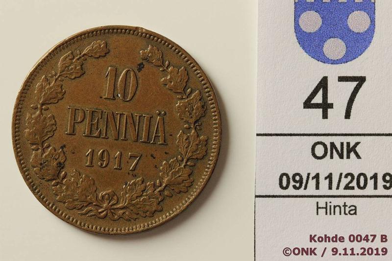 k-0047-b.jpg - Kohde 47 (kuva 2/2), lhthinta: 100 € / ei tarjouksia 10 p 1917 Vaakunapuolelle tehty leijonavaakuna, phpja, erikoinen!, kunto: 5