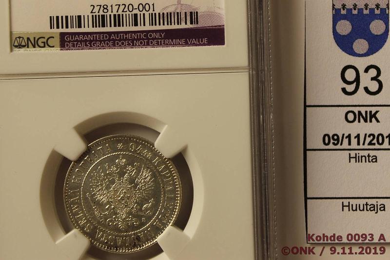 k-0093-a.jpg - Kohde 93 (kuva 1/2), lhthinta: 10 € / myyntihinta: 14 € 1 mk 1915 Ag, loistelias! NGC slabissa UNC details. Phpja, hnja, kunto: 9