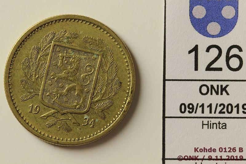 k-0126-b.jpg - Kohde 126, lhthinta: 30 € / ei tarjouksia 20 mk 1934 AlBr, kaunis!, kunto: 7