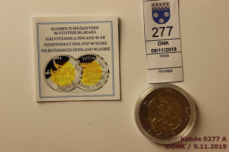 k-0277-a.jpg - Kohde 277, lhthinta: 5 € / myyntihinta: 5 € 5 2007 Proof, Itsenisyys 90v, kapseli, kotelo, tod, kunto: 10