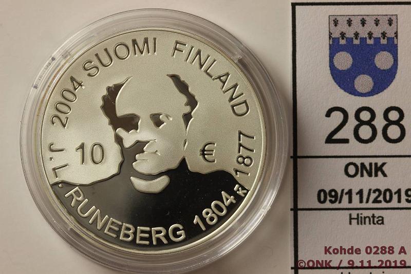 k-0288-a.jpg - Kohde 288, lhthinta: 12 € / myyntihinta: 12 € 10 € 2004 Ag, Proof, Runeberg, kapseli, kotelo, tod, kunto: 10