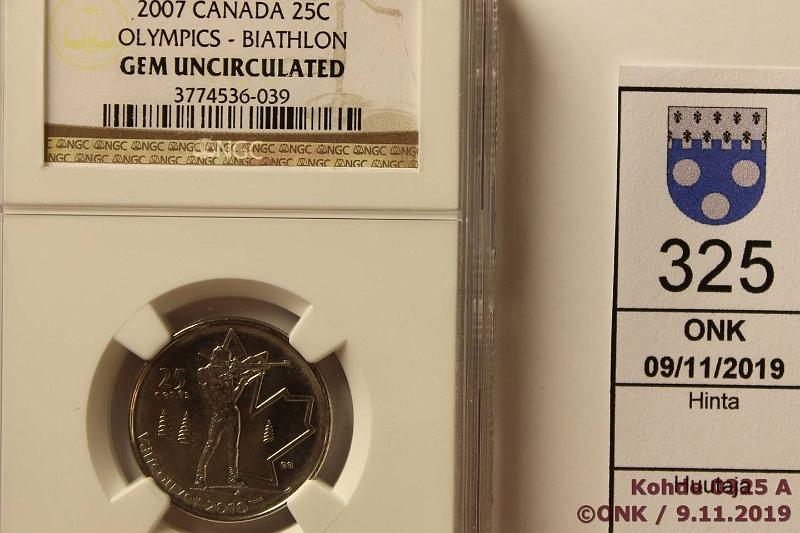 k-0325-a.jpg - Kohde 325, lhthinta: 10 € / ei tarjouksia Kanada 25 cent 2007 KM#685 Ni/ters. Vancouver 2010 Biathlon, NGC slabissa GEM uncirculated, kunto: 9