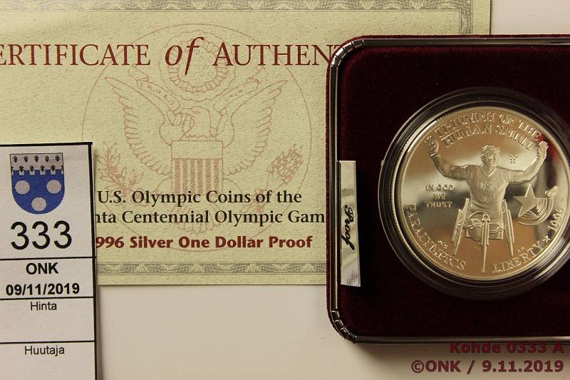 k-0333-a.jpg - Kohde 333, lhthinta: 10 € / myyntihinta: 18 € USA 1 $ 1995 KM#259 Ag, proof 26,73g/900, Atlanta / Paraolympics, hieno kotelo, kapseli, tod, kunto: 10