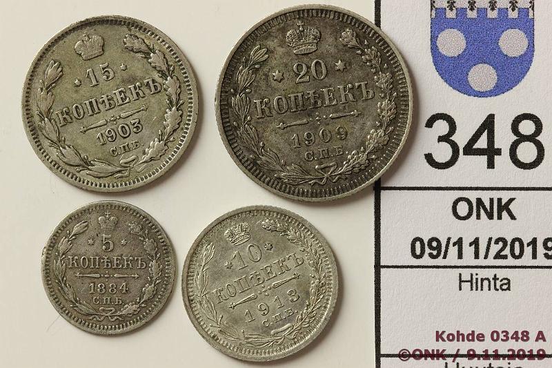 k-0348-a.jpg - Kohde 348, lhthinta: 10 € / myyntihinta: 12 € 520 kop (4) 18841909 Y#19-22a.1 Ag, СПБ 5k 1884 АГ (hp), 10k 1913 ВС, 15k 1903 АР, 20k 1909 ЭБ, kunto: 5-8