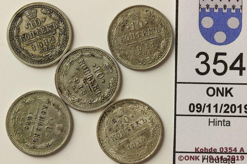 k-0354-a.jpg - Kohde 354, lhthinta: 10 € / myyntihinta: 12 € 10 kop (5) 1899-1915 Y#20a.2-3 Ag, 1899, 1911, -12, -13, -15, Nikolai II, kunto: 5-8