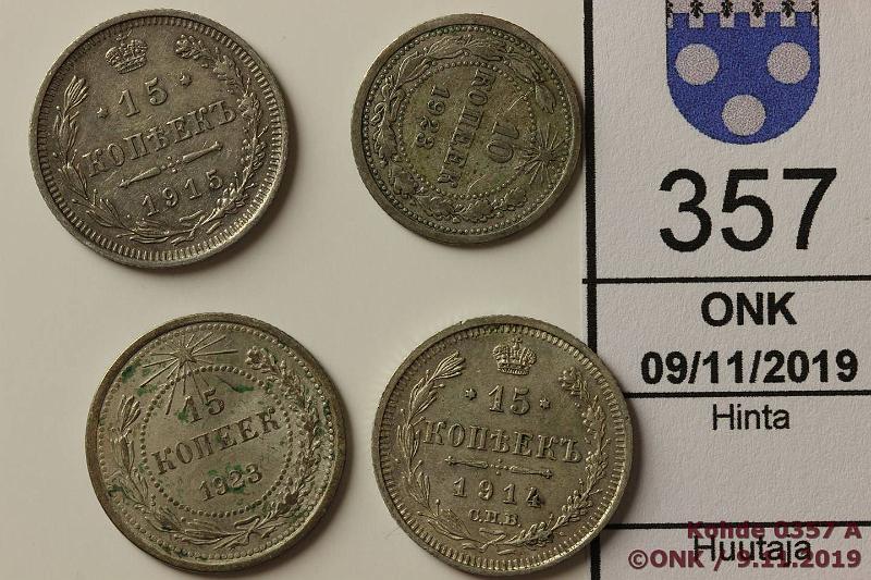 k-0357-a.jpg - Kohde 357, lhthinta: 5 € / myyntihinta: 9 € 15 + 10 kop (4) 191423 Ag, 15k 1914, -15, -23; 10k 1923, kunto: 5-8