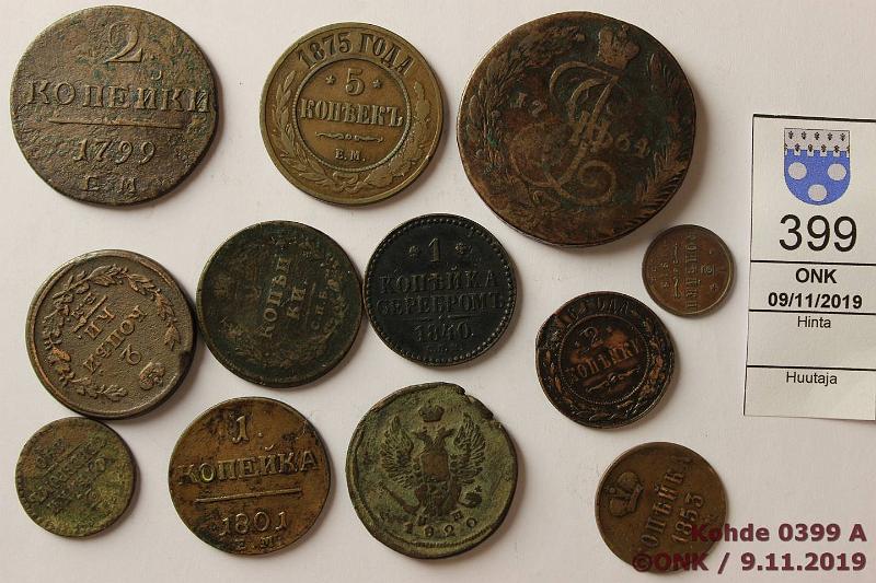 k-0399-a.jpg - Kohde 399, lhthinta: 10 € / myyntihinta: 23 € 5 kop (12) 17641916 k Cu 1840, 1913; 1k 1801, -40, -53; 2k 1799, 1810(?), -16, -20, 1916; 5k 1764, 1875, kunto: 2-4