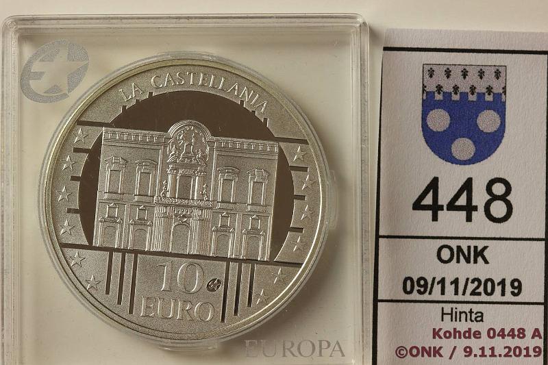 k-0448-a.jpg - Kohde 448, lhthinta: 10 € / myyntihinta: 15 € Malta 10 € 2009 KM#133 Ag, proof 28,28g/925. La Castellania, kapseli, kunto: 10