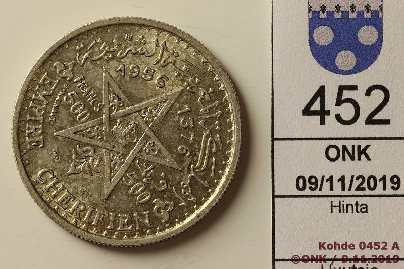 k-0452-a.jpg - Kohde 452, lhthinta: 15 € / myyntihinta: 15 € Marokko 500 fr 1953 (1376) Y#54 Ag, 22,5g/900. Mohammed V, kunto: 9