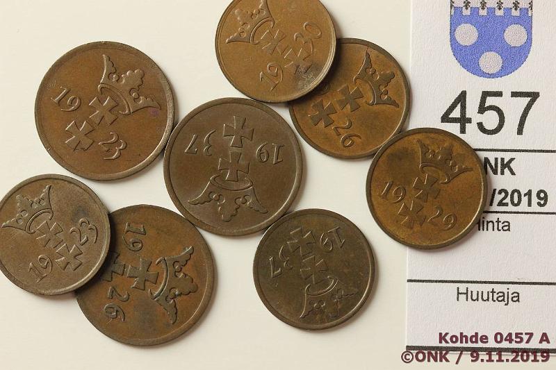 k-0457-a.jpg - Kohde 457, lhthinta: 15 € / myyntihinta: 35 € Danzig 12 pfennig (8) 1923-37 KM#140-1 Br, 1pf 1923, -26, -29, -29, -30, -37; 2pf 1923, -26, -37, kunto: 4-7