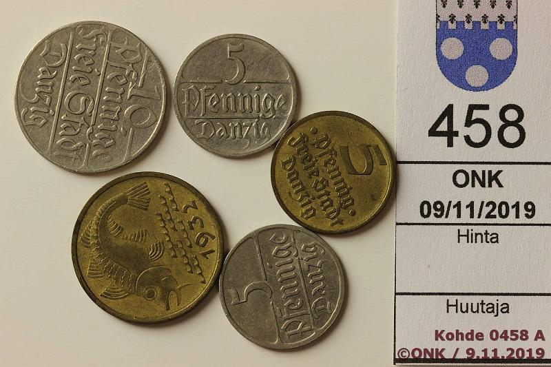 k-0458-a.jpg - Kohde 458, lhthinta: 15 € / myyntihinta: 15 € Danzig 510 pfennig (5) 1923-32 KM#142-3, 151-2 Cuni/AlBr, 5pf 1923, -28, -32; 10pf 1923, -32, kunto: 5-8