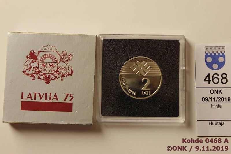 k-0468-a.jpg - Kohde 468, lhthinta: 5 € / myyntihinta: 8 € Latvia 2 lati 1993 KM#18 CuNi, proof. Proclamation of the Republic of Latvia, kotelo, kunto: 10