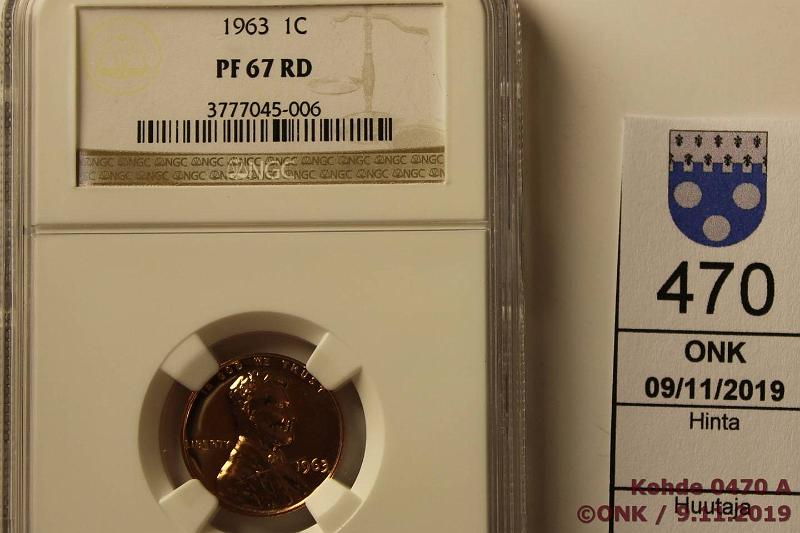 k-0470-a.jpg - Kohde 470, lhthinta: 5 € / ei tarjouksia USA 1 cent 1963 KM#201 Br, proof. NGC slabissa PF 67 RD, kunto: 10