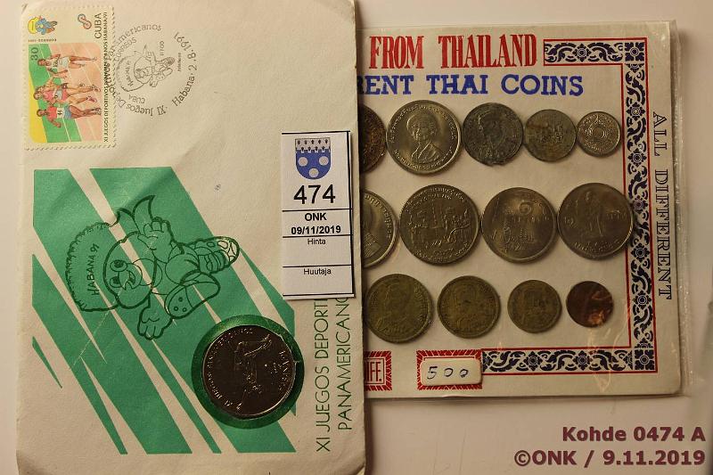 k-0474-a.jpg - Kohde 474, lhthinta: 5 € / myyntihinta: 8 € Thaimaa, Kuuba (21) Thaimaa Souvenier from Thailand, Old & current coins (20); Kuuba 1 peso 1990 nuhruisessa rahakirjeess (XI juegos deportivos panamericanos), kunto: 4-9