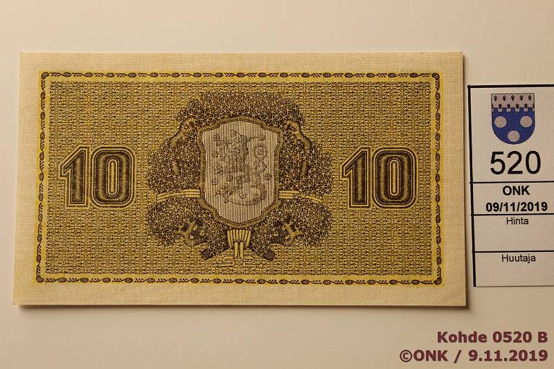 k-0520-b.jpg - Kohde 520 (kuva 2/2), lhthinta: 85 € / ei tarjouksia 10 mk 1922 LC SNY 132.4 A0668296 BUR-Wah, pieni painuma kulmassa, kunto: 8