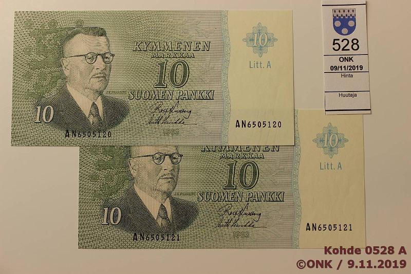 k-0528-a.jpg - Kohde 528, lhthinta: 10 € / myyntihinta: 12 € 10 mk 1963 LA (2) SNY 146.5 AN6505120-1 KU I-Luu, 2 perkk., kunto: 9, 8