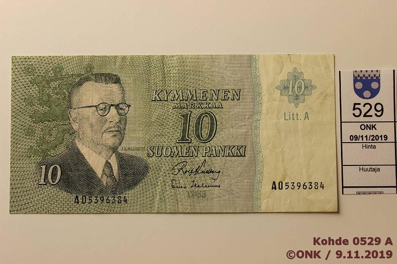 k-0529-a.jpg - Kohde 529 (kuva 1/2), lhthinta: 200 € / ei tarjouksia 10 mk 1963 LA SNY 146.6 AO 5396384 KU I-Hes, vl II, harvinainen AO-sarjassa, kunto: 4