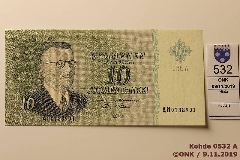 k-0532-a.jpg - Kohde 532, lhthinta: 100 € / myyntihinta: 165 € 10 mk 1963 LA A-sarja SNY 146.8 A0188901 AL I-M1, sil? Harvinainen korvaava, kunto: 8