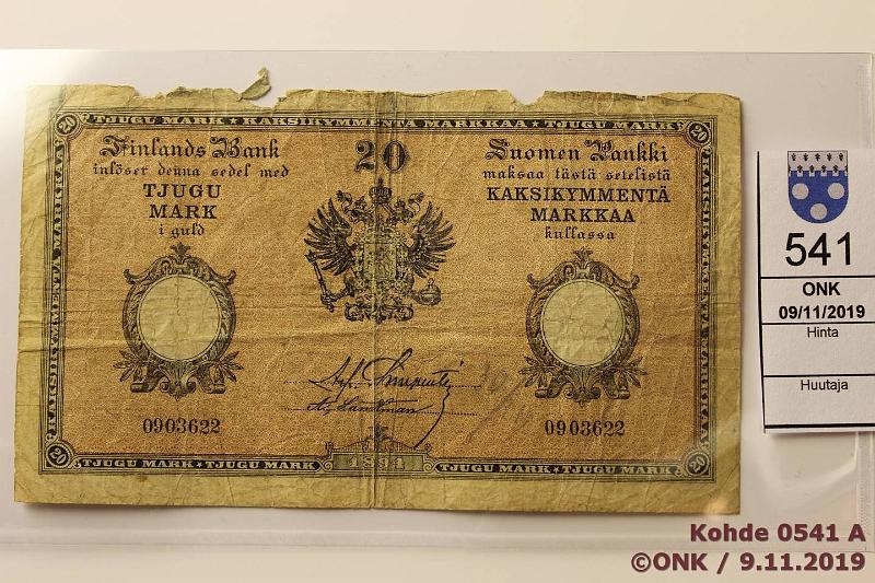 k-0541-a.jpg - Kohde 541 (kuva 1/2), lhthinta: 125 € / ei tarjouksia 20 mk 1894 SNY 153.2 0903622 Charpentier-Landtman, huono ylreuna, prep, ruskea, kunto: 2