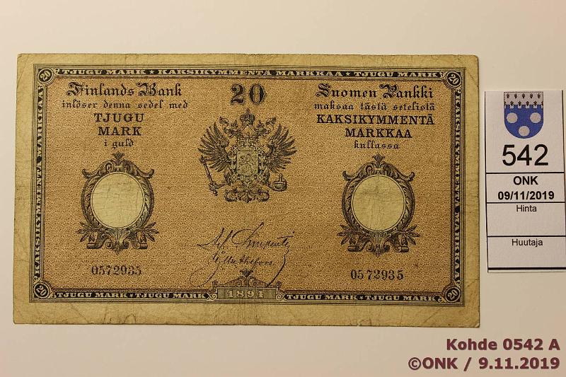 k-0542-a.jpg - Kohde 542 (kuva 1/2), lhthinta: 125 € / myyntihinta: 160 € 20 mk 1894 SNY 153.2 0572935 Charpentier-Ahlfors, ruskea, 2 neulanreik, kunto: 3