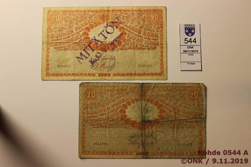 k-0544-a.jpg - Kohde 544, lhthinta: 150 € / myyntihinta: 150 € 20 mk 1909 (2) Klingsten-Kirmanen -vrenns 3986231 ?-?, 5cm rep, MITTN 20/9/1917 leimalla. Verrokiksi aito 9157321 JR-His, kunto: 2