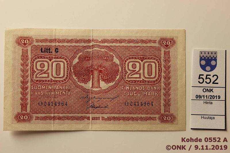 k-0552-a.jpg - Kohde 552, lhthinta: 10 € / myyntihinta: 13 € 20 mk 1922 LC SNY 158.4 O0414964 BUR-Hag, erittin harv ak-pari (V), kunto: 5