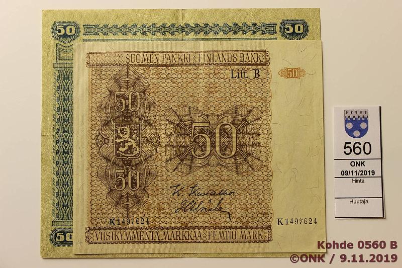 k-0560-b.jpg - Kohde 560 (kuva 2/2), lhthinta: 10 € / myyntihinta: 29 € 50 mk 1939 LD, -45 LB SNY 168.2, 169.4, 1939 B..JUT-AAs vl 2; K..KIV-Als laatta IV, kunto: 5