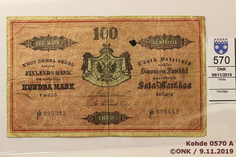 k-0570-a.jpg - Kohde 570 (kuva 1/2), lhthinta: 800 € / ei tarjouksia 100 mk 1882 SNY 174.1 325542 Wallenius-Stenius, Kpenhaminan painos, rep, reiki, tahra, kunto: 2