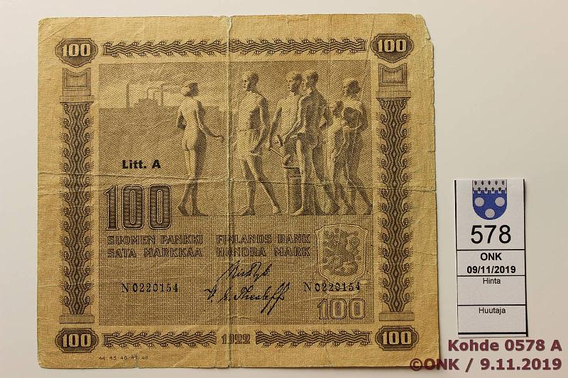 k-0578-a.jpg - Kohde 578, lhthinta: 80 € / ei tarjouksia 100 mk 1922 LA SNY 178.3 N0220154 RYT-The, keskireik, rep, pieni ylkulmapuutos, kunto: 2