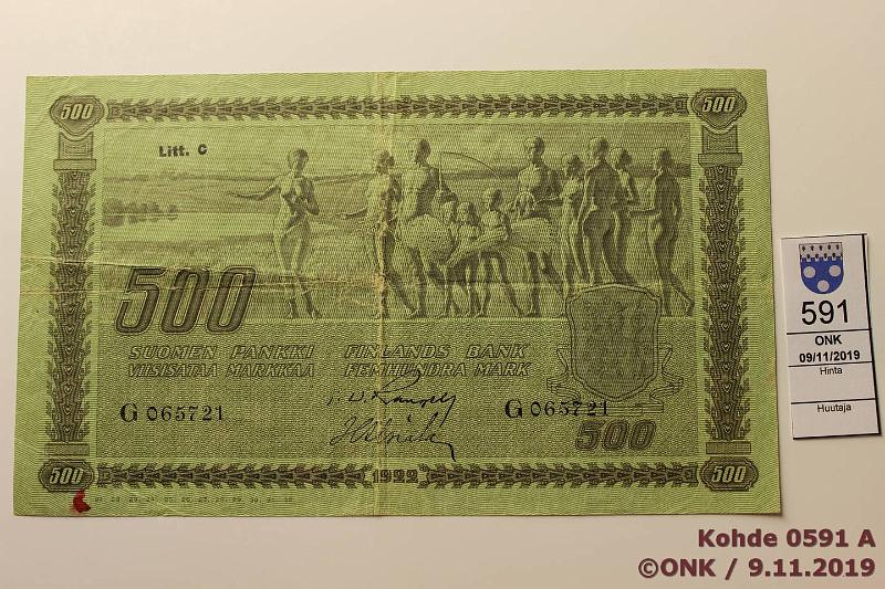 k-0591-a.jpg - Kohde 591, lhthinta: 50 € / ei tarjouksia 500 mk 1922 LC t II SNY 189.5 G065721 RAN-Als, keskireik, tahra, kunto: 3