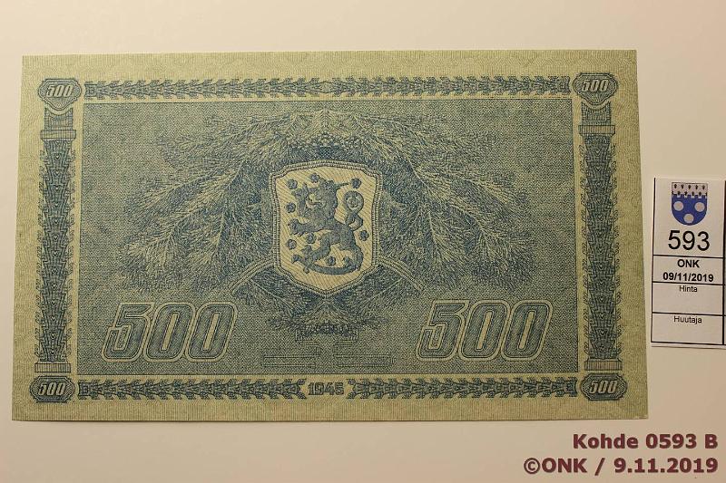 k-0593-b.jpg - Kohde 593 (kuva 2/2), lhthinta: 500 € / myyntihinta: 640 € 500 mk 1945 LA SNY 190.1 A0893167 RAI-Wah, ei taitteita, painumia. Hyv kunto!, kunto: 8