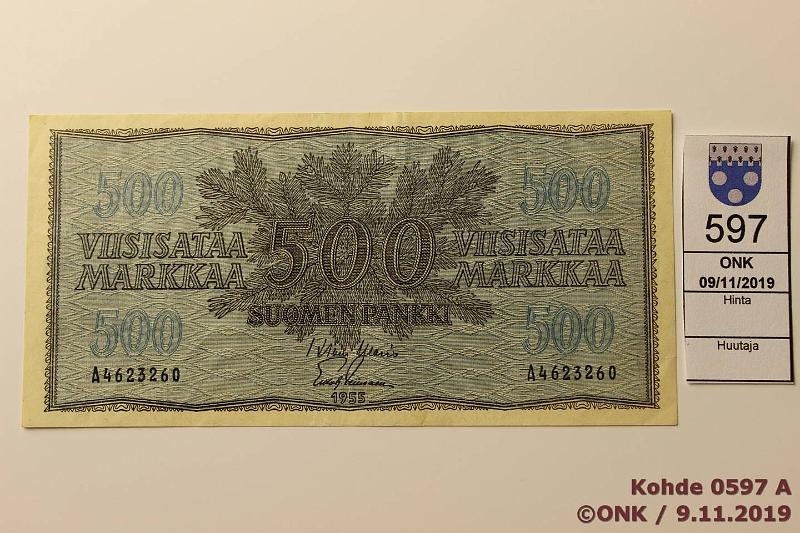 k-0597-a.jpg - Kohde 597 (kuva 1/2), lhthinta: 230 € / ei tarjouksia 500 mk 1955 SNY 191.1 A4623260 WAR-Lei, kunto: 4