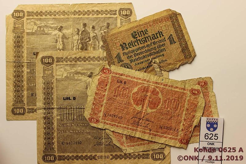 k-0625-a.jpg - Kohde 625, lhthinta: 5 € / myyntihinta: 5 € 10100 mk (4) 1939-45 10mk 1945 LB KIV-Kil ja RAI-Als; 100mk 1939 LD KIV-Wah ja JUT-Als. Lisksi 1mk Saksa ND. Pehmoja, vikoja, kunto: 1-2