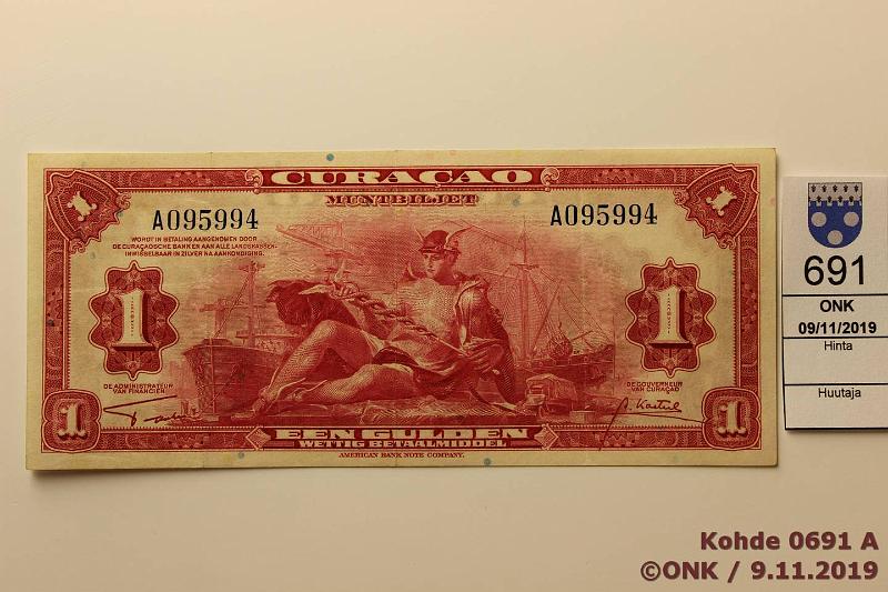 k-0691-a.jpg - Kohde 691 (kuva 1/2), lhthinta: 125 € / myyntihinta: 125 € Curacao 1 gulden 1942 P#35a A095994, kunto: 5