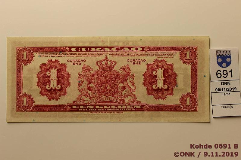 k-0691-b.jpg - Kohde 691 (kuva 2/2), lhthinta: 125 € / myyntihinta: 125 € Curacao 1 gulden 1942 P#35a A095994, kunto: 5