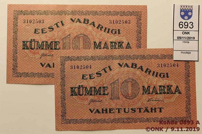 k-0693-a.jpg - Kohde 693, lhthinta: 5 € / myyntihinta: 30 € Eesti 10 mk 1922 P#53 (2) 31025034, perkk., kunto: 5, 6