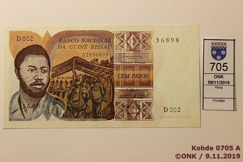 k-0705-a.jpg - Kohde 705, lhthinta: 30 € / myyntihinta: 46 € Guinea Bissau 100 pesos 1975 P#2a D002 56898, kunto: 9