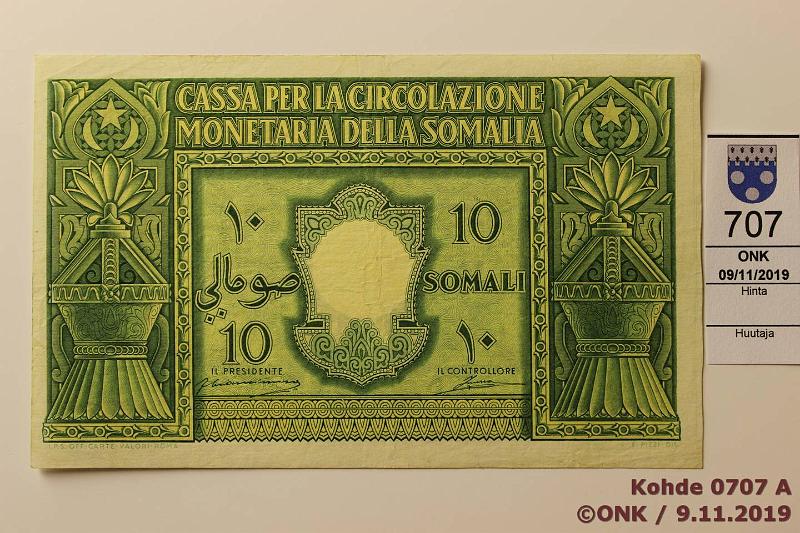 k-0707-a.jpg - Kohde 707 (kuva 1/2), lhthinta: 285 € / ei tarjouksia Italian Somalimaa 10 somali 1950 P#13 A017 032888, kunto: 5