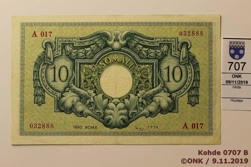 k-0707-b.jpg - Kohde 707 (kuva 2/2), lhthinta: 285 € / ei tarjouksia Italian Somalimaa 10 somali 1950 P#13 A017 032888, kunto: 5