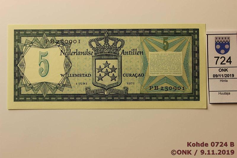 k-0724-b.jpg - Kohde 724 (kuva 2/2), lhthinta: 65 € / myyntihinta: 78 € Hollannin Antillit 5 gulden 1972 P#8b PB250901, kunto: 9